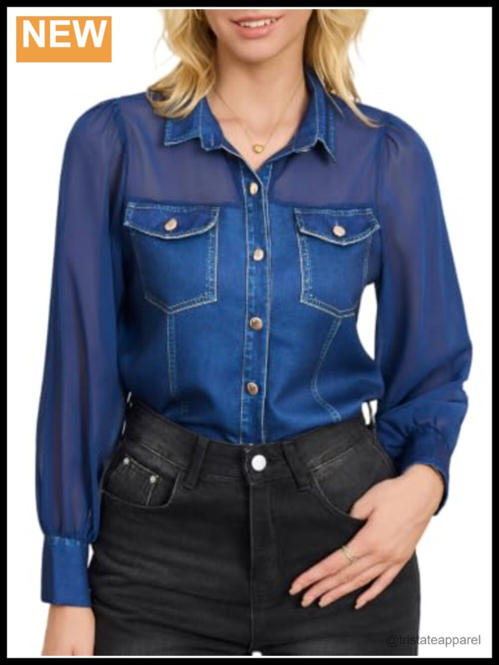 Women Long Sleeve Button Down Shirt Casual Blouse Simulated Denim Cuff